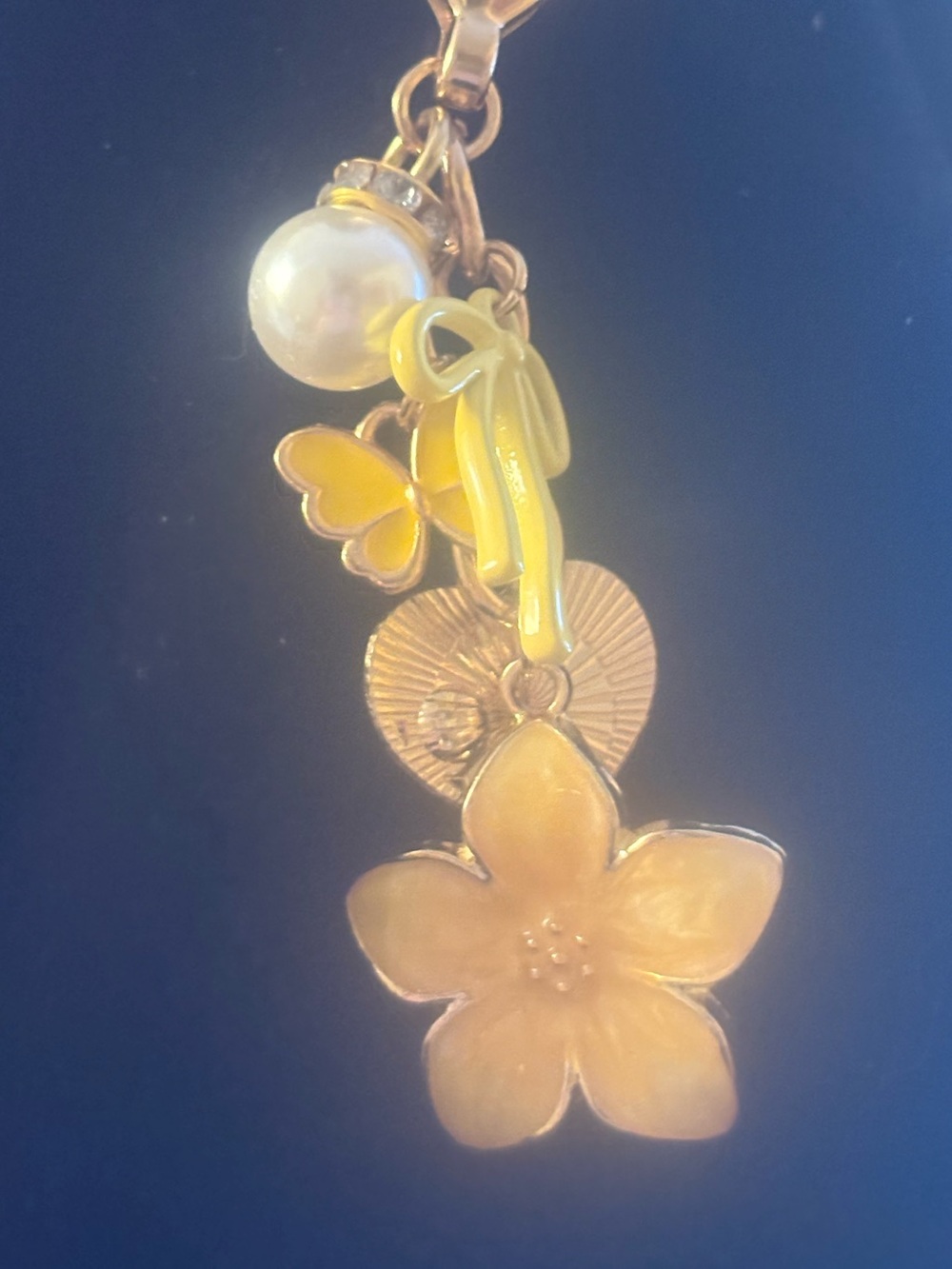 Yellow Floral Charm Pendant keychain/purse with Pearl Accent
